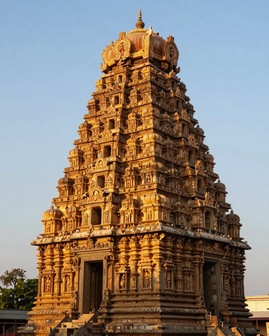 Wide panoramic shot of Hampi Virupaksha Temple gopuram at golden