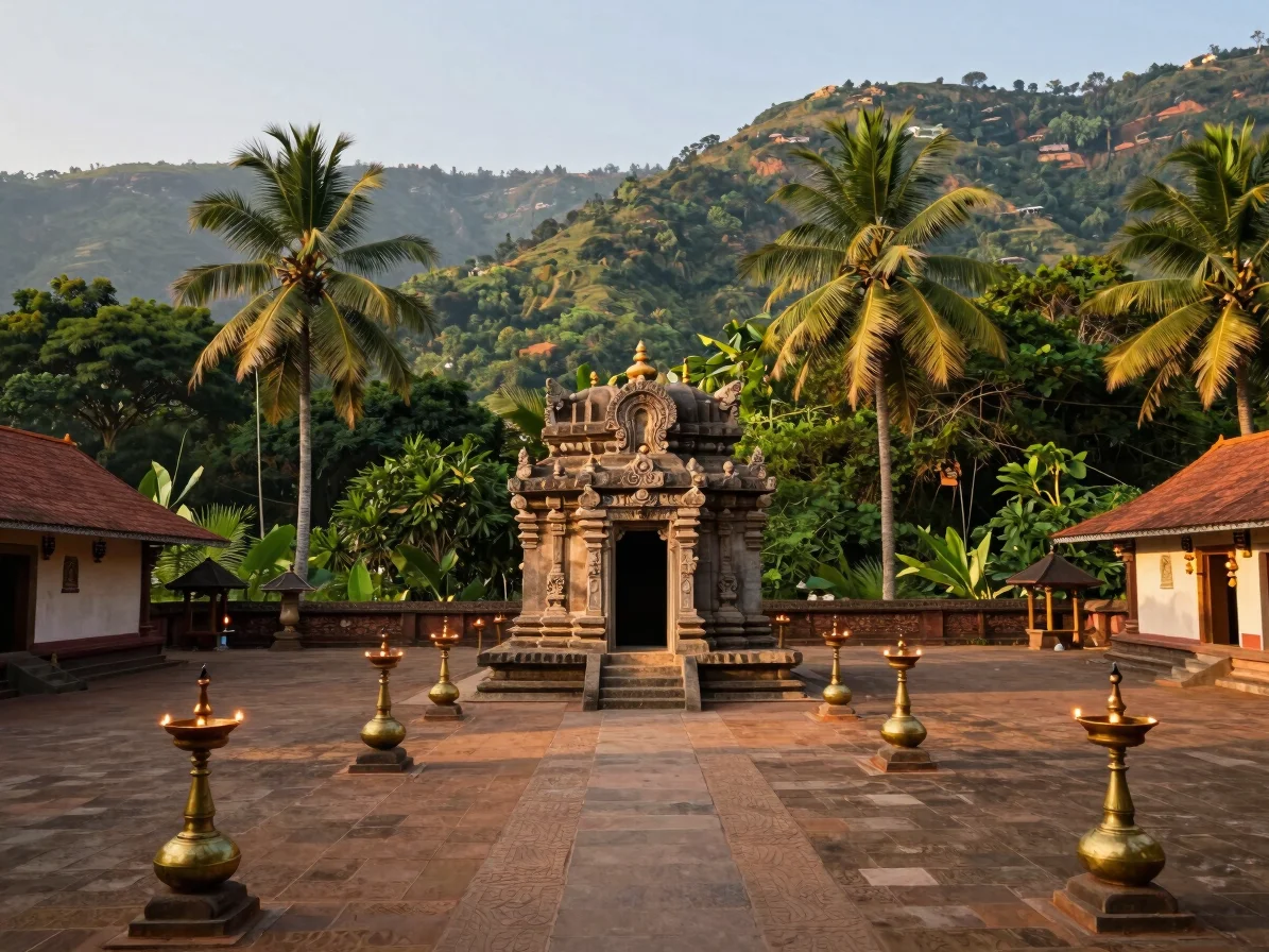 Quiet temple courtyard in Western Ghats surrounded by lush green hills and coconut palms, traditional brass oil lamps li