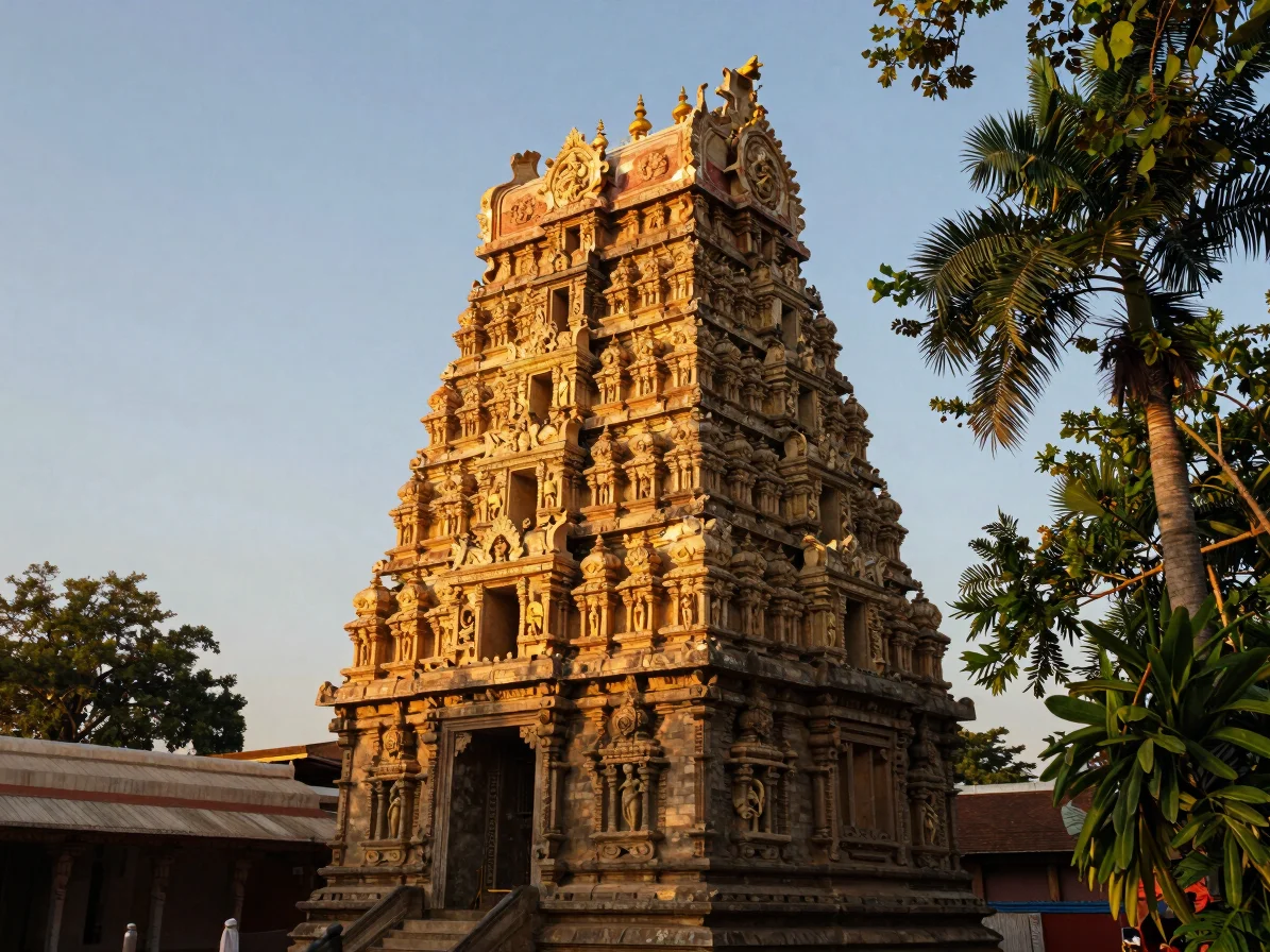 Wide panoramic view of ancient Kadri Manjunatha Temple gopuram at golden hour, intricate stone carvings glowing, lush tr