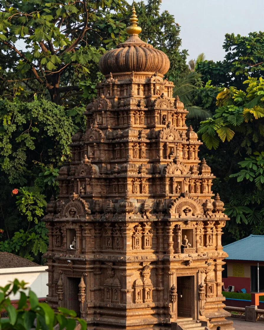Portrait view of the distinctive tiered roof of Kateel Durgaparameshwari Temple, surrounded by lush greenery, soft morni