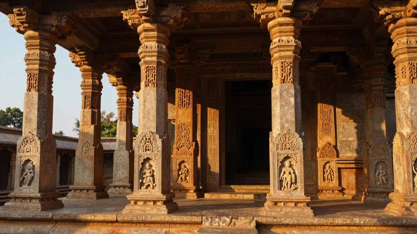 Intricate granite pillars of a temple in Hampi, bathed in golden-hour light, 35mm