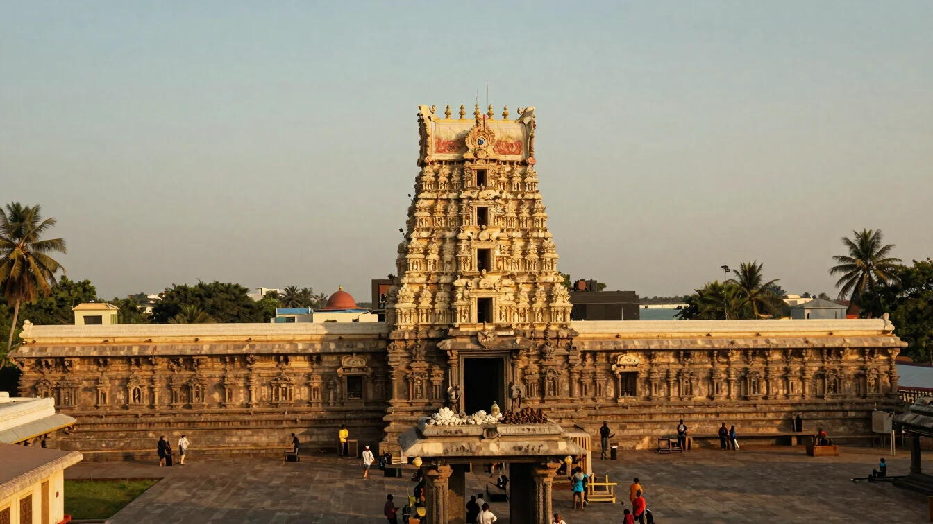 Distant view of Murudeshwara temple complex by the Arabian Sea, golden-hour light, 35mm