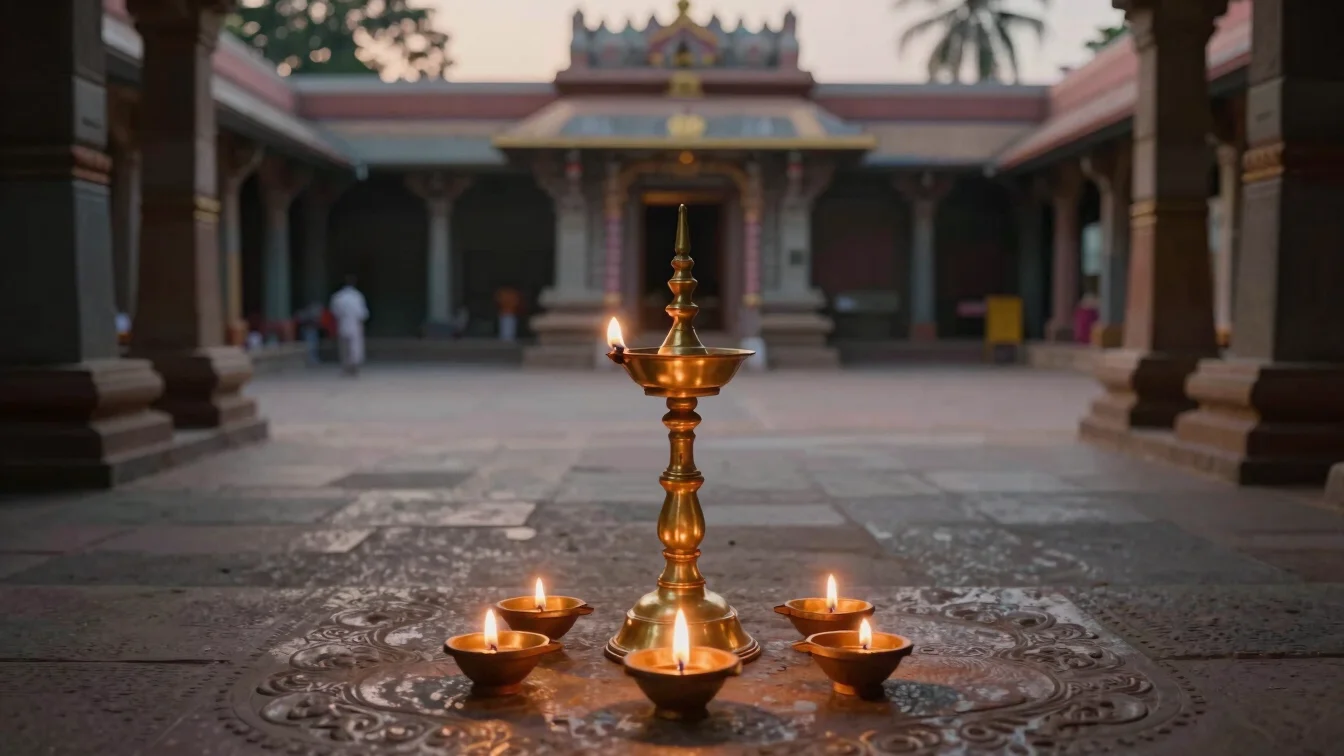 Traditional brass oil lamps (diyas) glowing in a quiet temple courtyard in Udupi, soft ambient light, 35mm