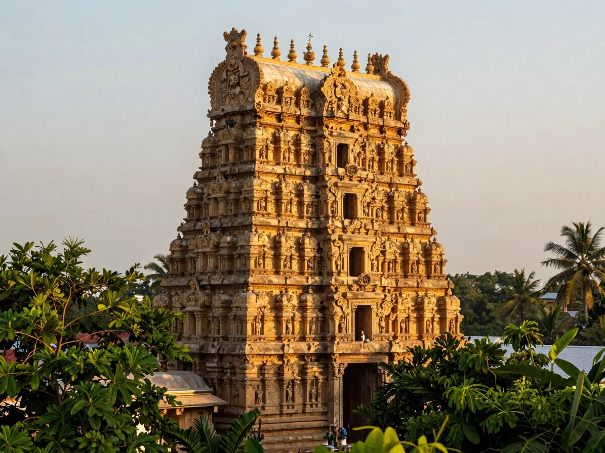 Wide panoramic view of the majestic carved gopuram of a Karnataka