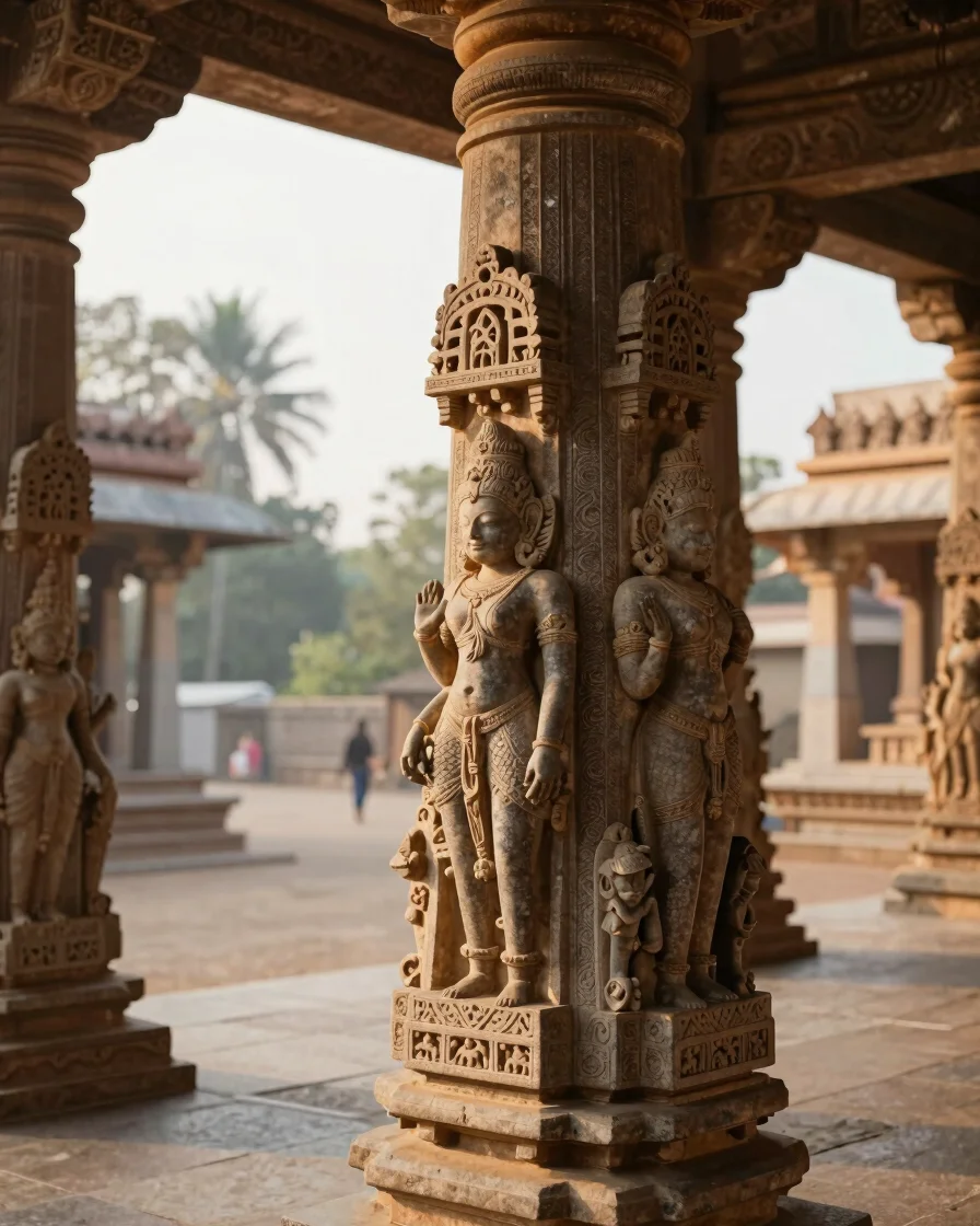 Close-up of intricate granite pillar carvings inside a serene Karnataka temple courtyard, soft morning light filtering t
