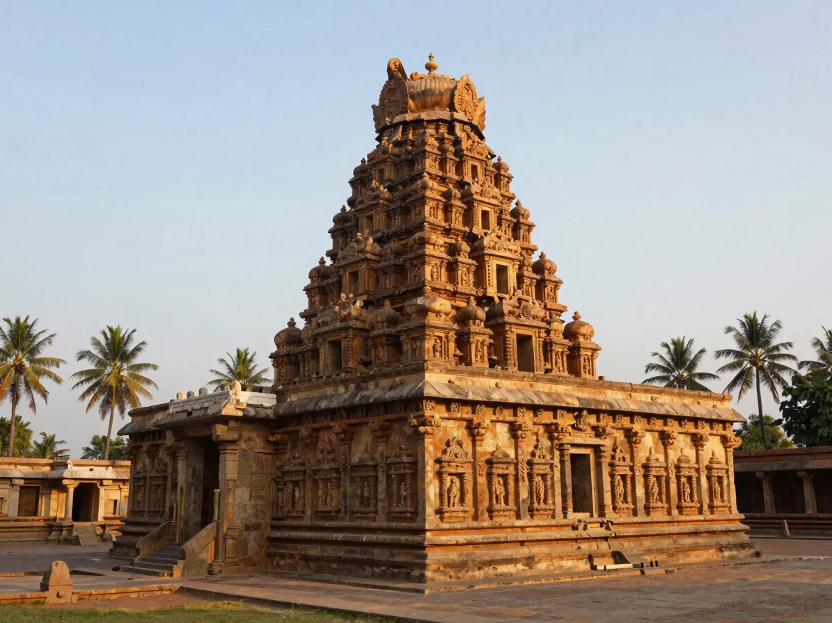 Wide environmental photo of a grand carved Vijayanagara temple stone gopuram in Hampi at golden hour, warm granite textu