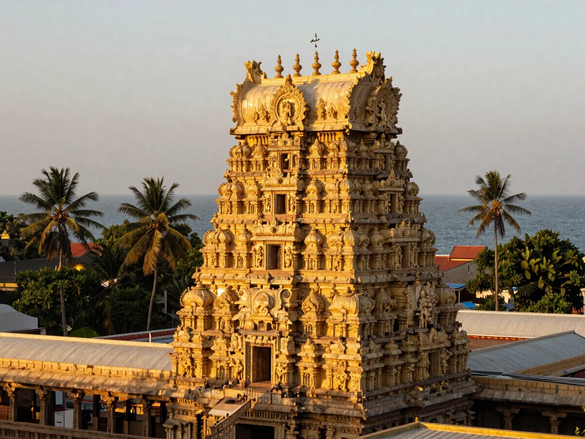 Warm golden hour view of Murudeshwara temple gopuram and monumental statue overlooking the Arabian sea, rich stone carvi