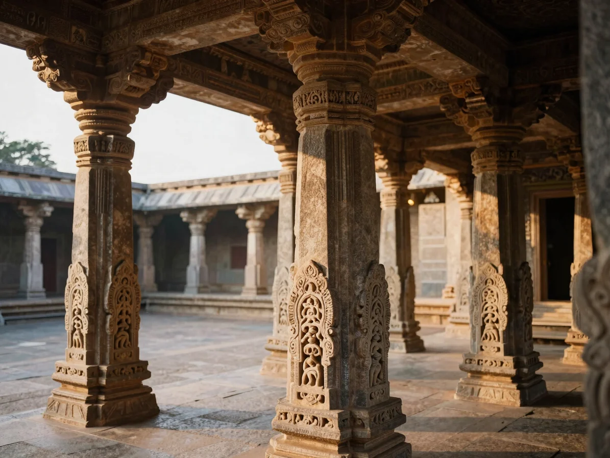 Close-up of intricately carved granite pillars inside an ancient Hampi temple court, warm morning light filtering throug